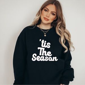 Tis The Season Christmas Holiday Sweater Crewneck Black Unisex Sizes NWT